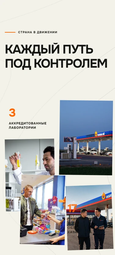 Мобильная композиция с фотографиями станций, лаборатории и сервиса Qazaq Oil