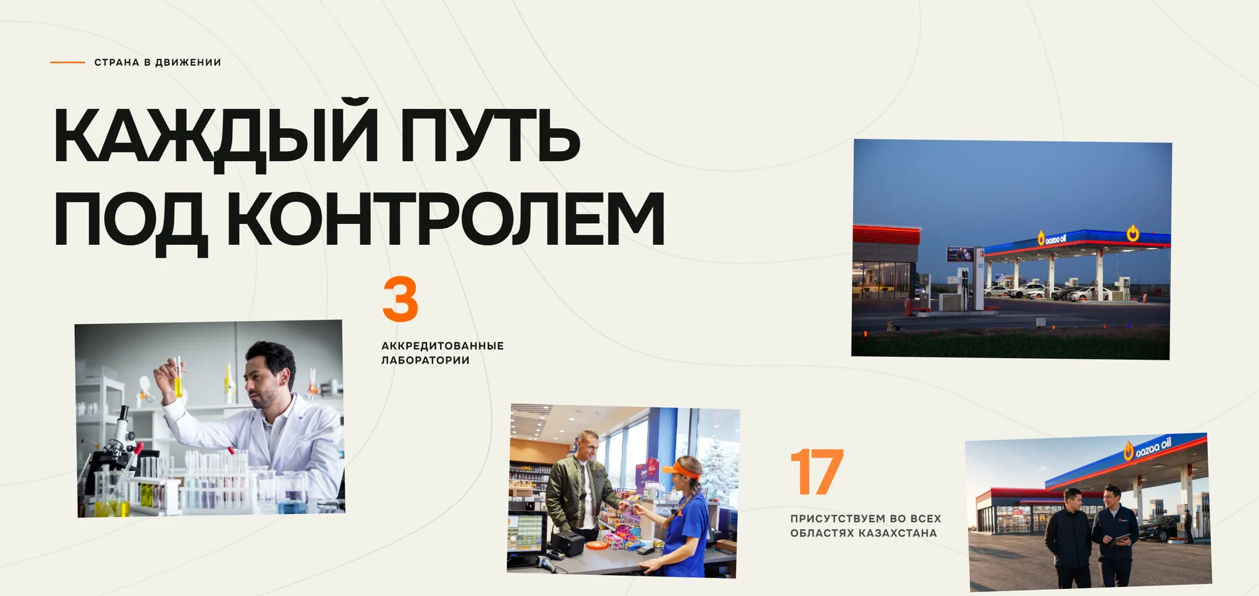 Раздел «Каждый путь под контролем» с крупным заголовком и коллажем фотографий Qazaq Oil